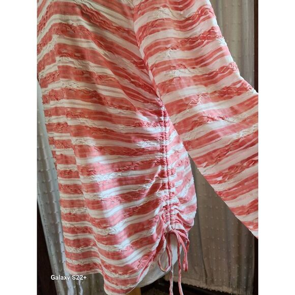 +6 Ruby Rd coral and cream stripe top. Beads around neckline and tie at one side - Picture 6 of 11